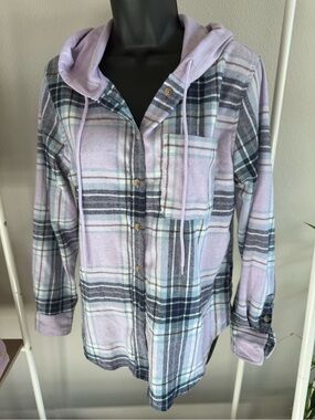 JUST POLLY Hooded Button-Down Shirt - Lavender Plaid SZ Small